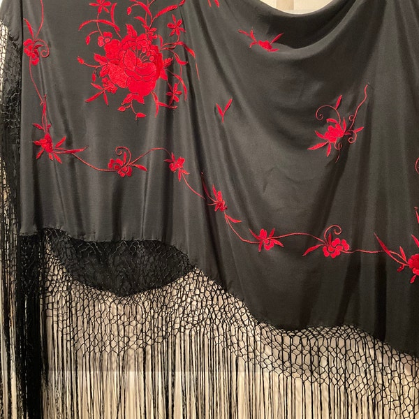 Vintage Black Silky Piano Shawl w Red Embroidered Flowers 43" x 40" / Antique Floral Piano Shawl Black Embroidered Vintage Silk Shawl Scarf