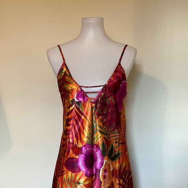 Satin Tropical Print Lounge Slip Med / Tropical Jungle Print Satin Lounge Slip / Jaclyn Smith Sleepwear Satin Night Slip / Satin Print Slip