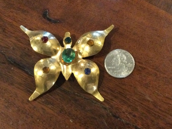 Art Deco Jeweled Butterfly Brooch / Vintage Gold … - image 3