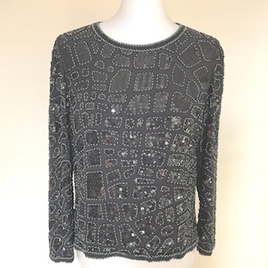 Vintage Black Beaded & Sequin Silk Top Morgan Taylor Silk Studio Sz 10 Bust 40 / Fancy Event Formal Cocktail Party Black Bead Top Hong Kong