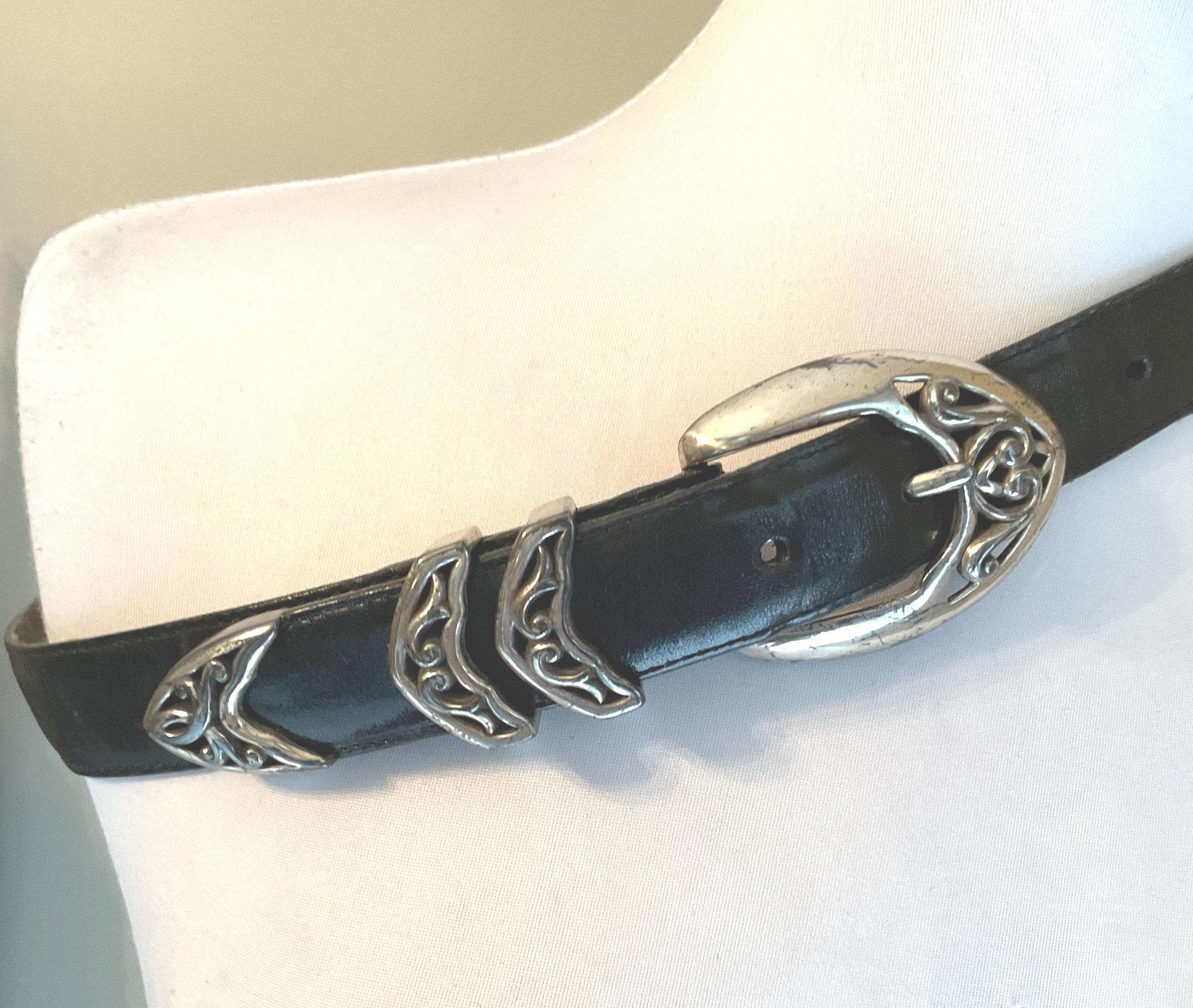 Vintage Brighton black cowhide belt silver-plated LG Vintage Brighton Black Embossed Leather Belt Silver Plated  main image 2