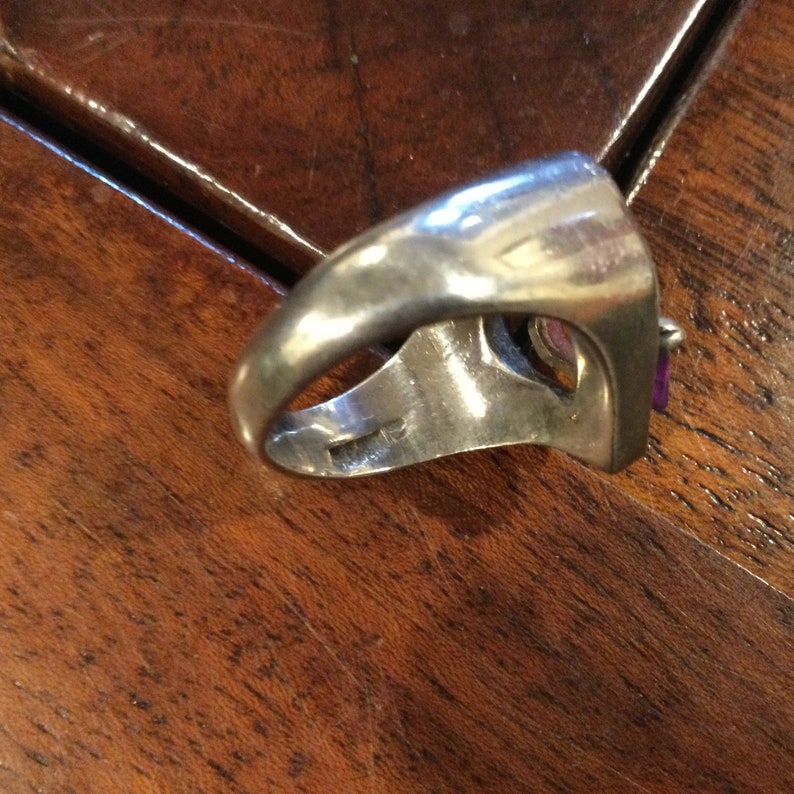 Sterling Modern Heart Ring Large Red Faceted Stone Multiple Stamp Markings Size 7.5 Taxco Mexico Sterling Heart Ring w Stone