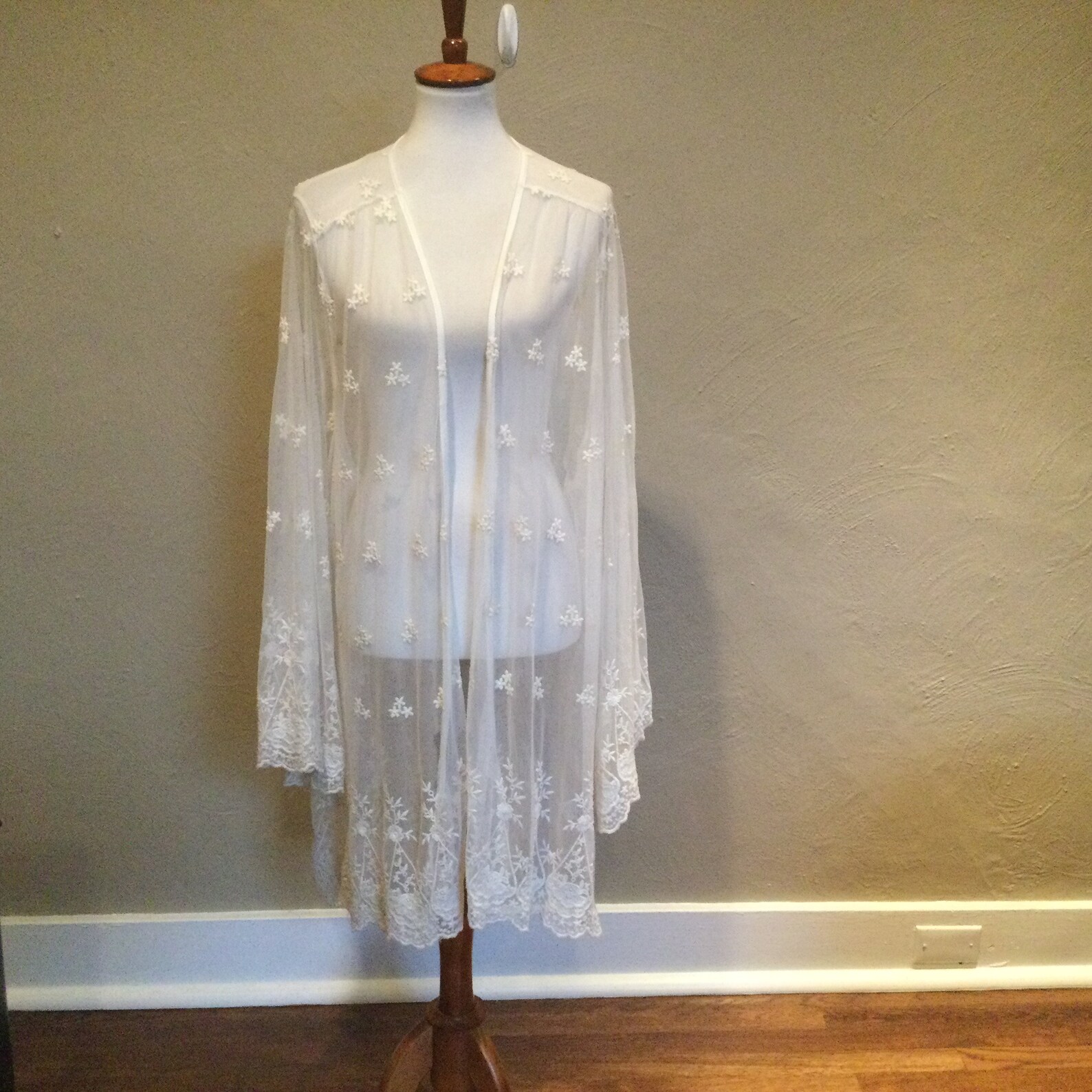 Boho White Embroidered Net Robe / Open Front & Wide Bell Etsy