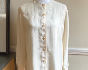 VTG 70s Giorgio Armani Silk Tunic Blouse Long Sleeve Cream on Cream Satin Pinstripe EU 40 – US 6 / Armani Designer Ivory Silk Blouse Italy
