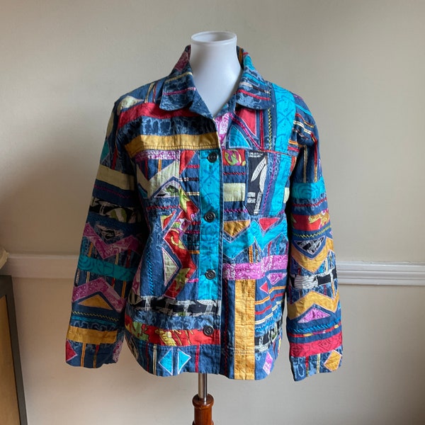 Chicos Silk Patchwork Jacket Blazer / Spring Colorful Festival Jacket Chicos Size 2 Equals Med to Large / Chicos Boxy Patch Print Jacket