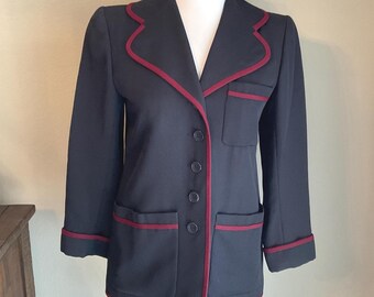 Yves Saint Laurent Rive Gauche Paris Blazer / Vintage YSL Wool Blazer / Designer 70s Wool Blazer / Dk Navy Burgundy Trim / Sz 36-4