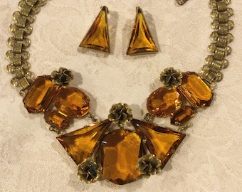 Coro UNSIGNED Topaz Glass Stones Necklace Earrings Set / Coro Lg Topaz Glass Stone Demi Parure Set / Vintage Coro Sets / Rare Coro Jewelry