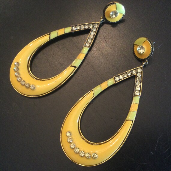 Huge Yellow Enamel Rhinestone Hoop 4" Earrings / … - image 3