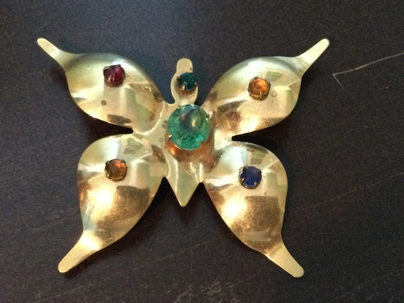 Art Deco Jeweled Butterfly Brooch / Vintage Gold … - image 1