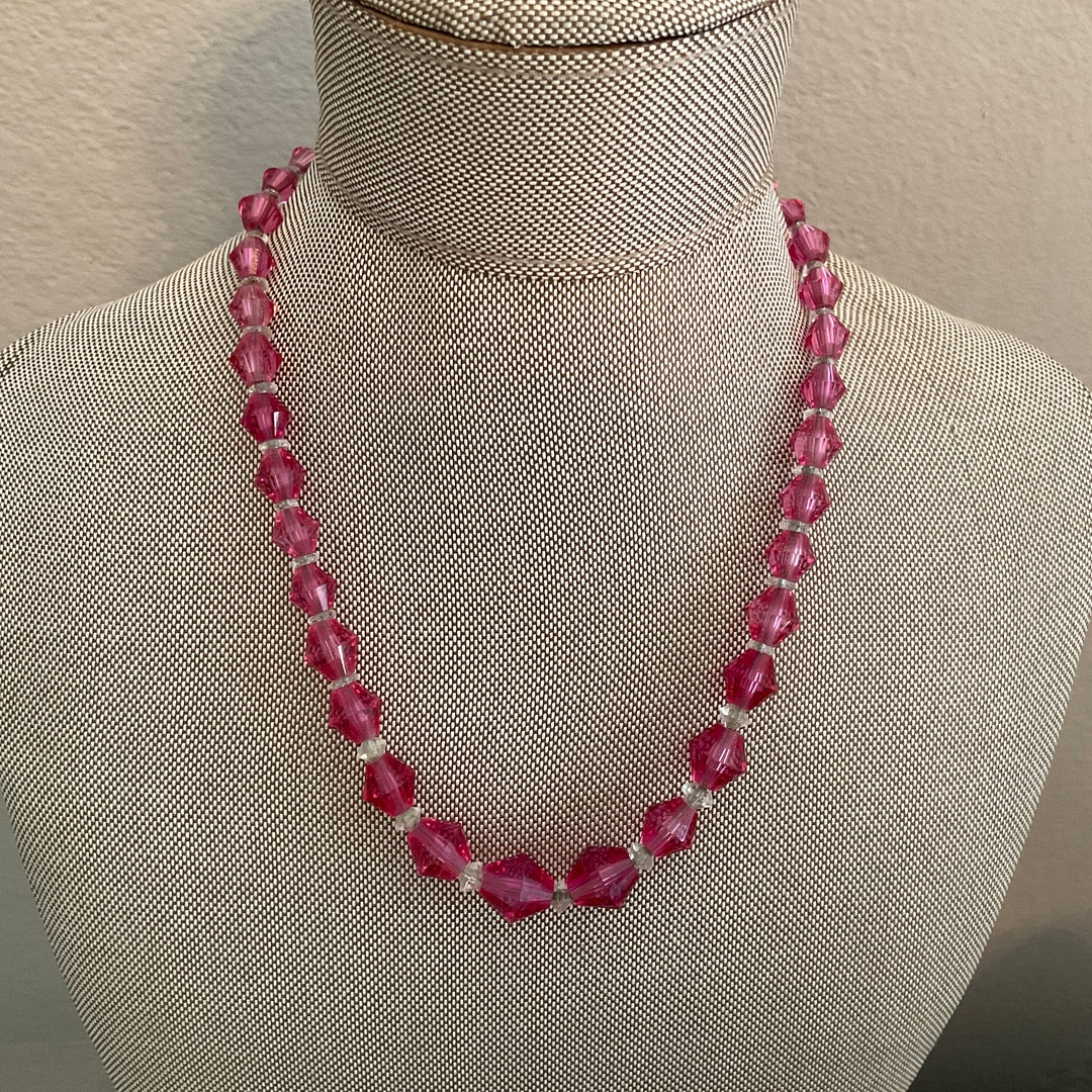 Deco Pink Glass Bead Necklace / Graduated Pink Faceted Bead Necklace / 20s Pink Faceted Glass
