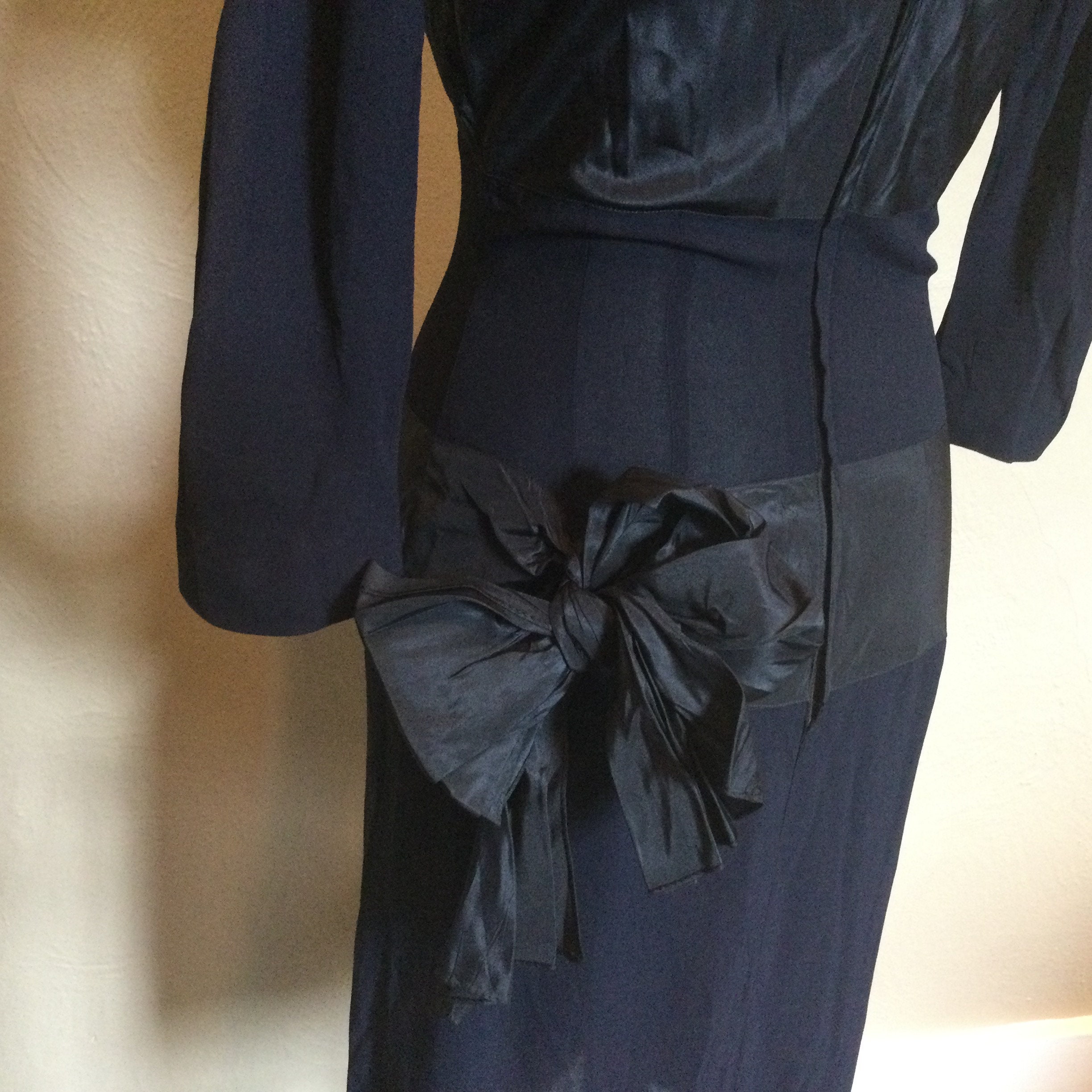 Vintage 1950s Black Cocktail Dress by Designer Paul Parnes  Sz Small  Bow Accents  50s Paul Parnes Cocktail Dress  Satin & Crepe Striped