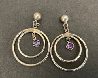 Sterling Amethyst Dangle Hoop Earrings / Silver Double Hoop w Amethyst Dangle Earrings / 925 Amethyst Dangle Hoop Earrings