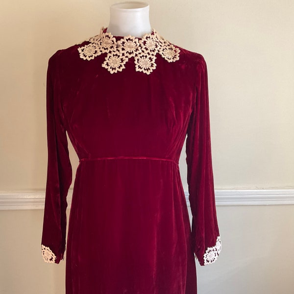 Vintage 60s 70s Burgundy Red Velvet Maxi Gown / Fancy Wine Red Velvet Gown White Lace Trim Holiday Cocktail Evening