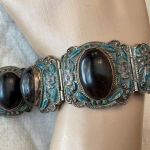 Chinese Export Bracelet Enamel Silver Plate Lg Cab Stones / Deco Cloisonné Panel Bracelet 1920s Chinese Bracelet Floral Bird Enamel Motif