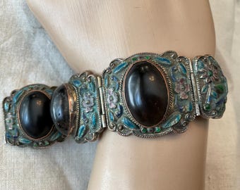 Chinese Export Bracelet Enamel Silver Plate Lg Cab Stones / Deco Cloisonné Panel Bracelet 1920s Chinese Bracelet Floral Bird Enamel Motif