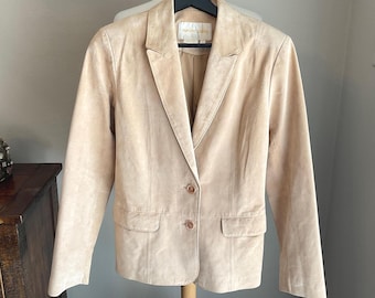 Margaret Godfrey Beige Suede Leather Blazer Sz 8 / Classic Beige Suede Leather 2 Pocket Blazer / Vintage Ladies Suede Leather Blazers