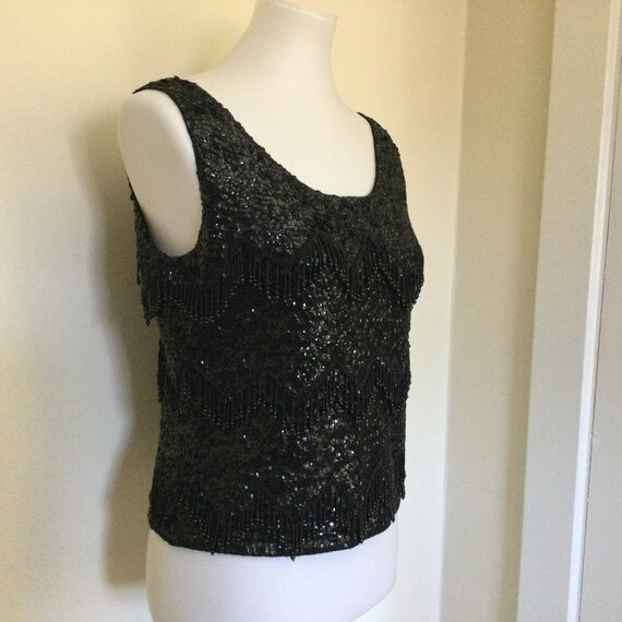 60s Vintage Black Bead Sequin Shell Top / Label S… - image 3