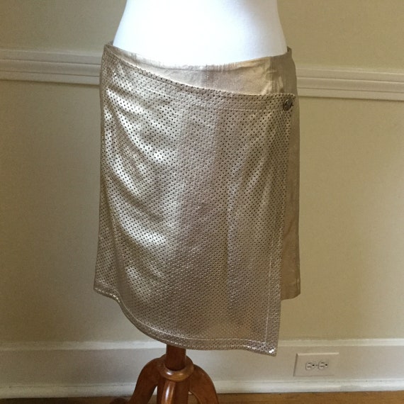 Gold Leather Wrap Skirt / Hipster Gold Genuine Le… - image 1