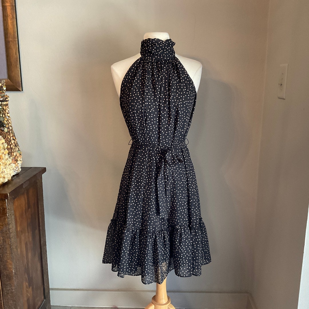 Polka Dot Halter Dress / Halter Polka Dot Dress Black Beige Dots / Size