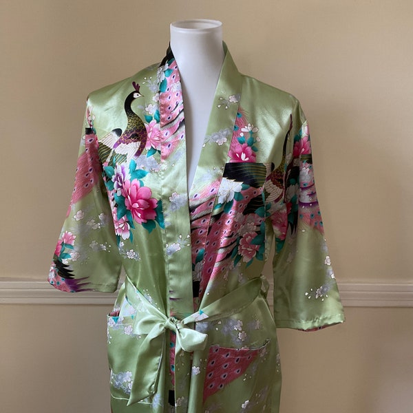 Hand Painted Peacock Silk Satin Women's Robes