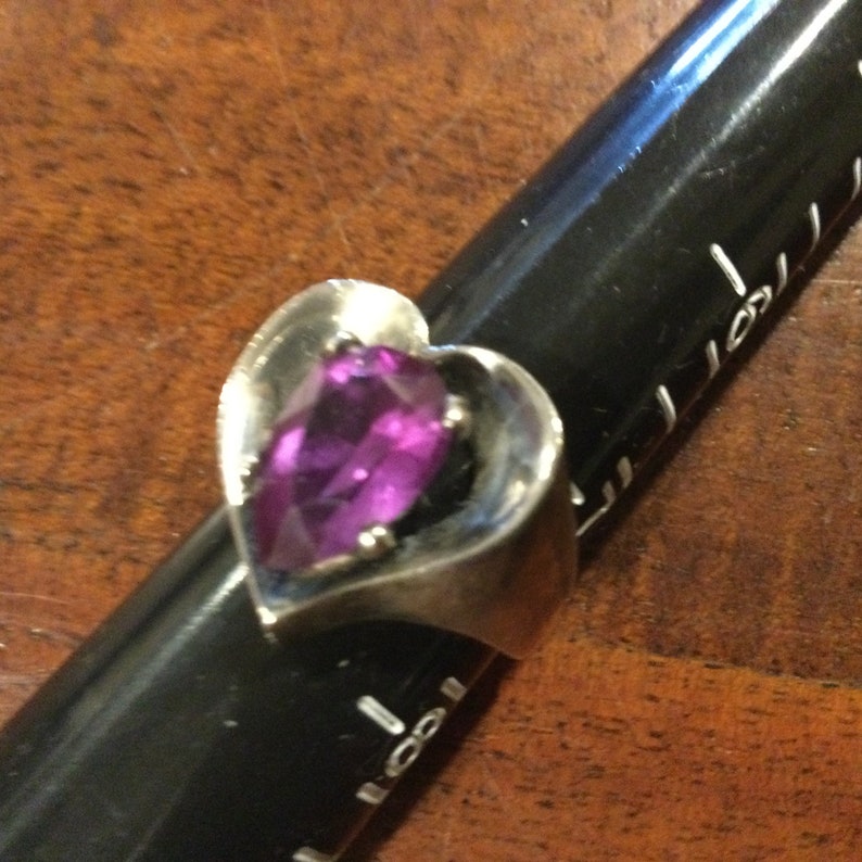 Sterling Modern Heart Ring Large Red Faceted Stone Multiple Stamp Markings Size 7.5 Taxco Mexico Sterling Heart Ring w Stone