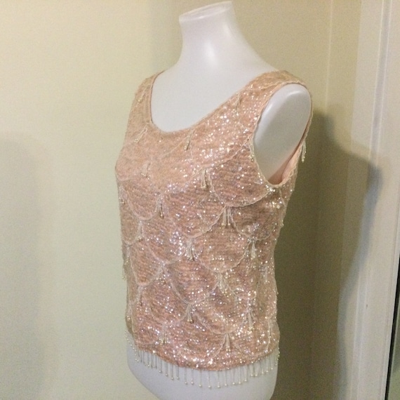 Vintage 50s-60s Pink Sequin Beaded Shell / Mod Go… - image 3