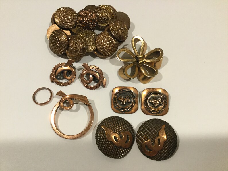 Vintage Copper Jewelry Lot 10 Pc Designer Signed Renoir Steiner Copper Brooches Brooches Earrings Button Bracelet Mid Century