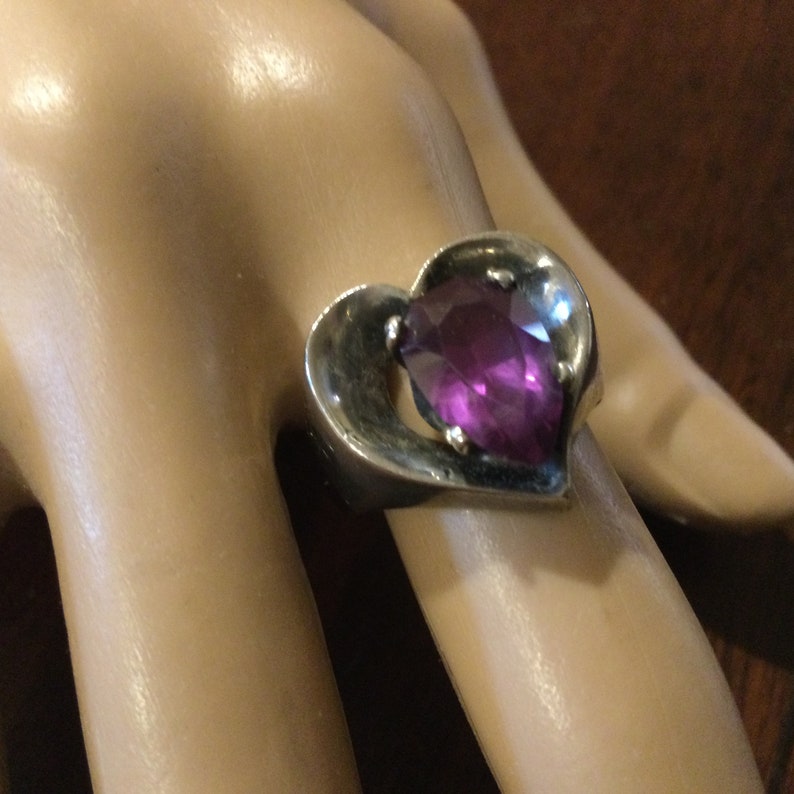 Sterling Modern Heart Ring Large Red Faceted Stone Multiple Stamp Markings Size 7.5 Taxco Mexico Sterling Heart Ring w Stone