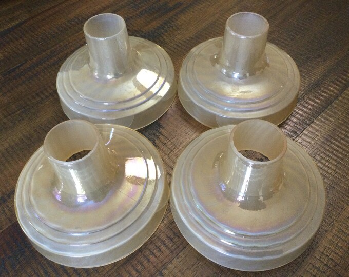 4 Art Deco Glass Light Shades Fixtures / Deco Set of Four Light Peach Opalescent Ridged Shades