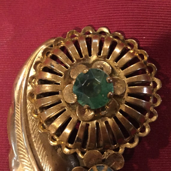 Vintage Art Deco Flower Brooch / Gold Tone Blue S… - image 2