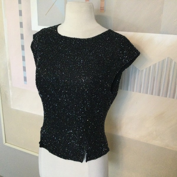 Laurence Kazar Black Beaded Zip-Up Shell / New Old Stock / Formal Silk Beaded Top / Small to Med / Fancy Black Beaded Shell