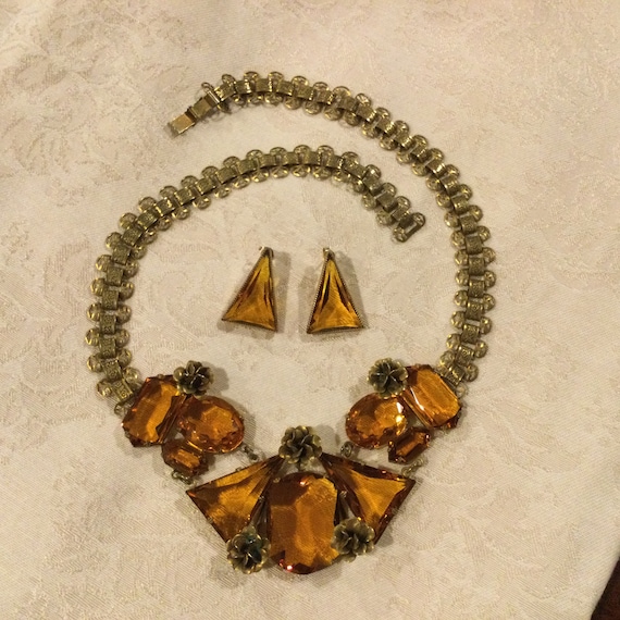 Coro UNSIGNED Topaz Glass Stones Necklace Earring… - image 2