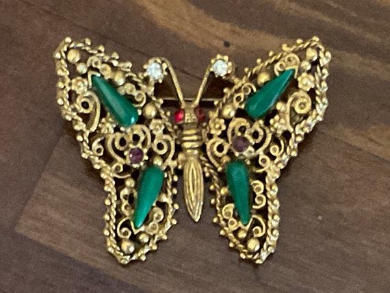 Vintage Florenza Filigree Jeweled Butterfly Brooc… - image 1