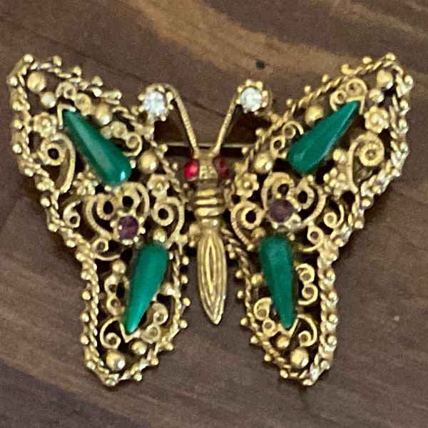 Vintage Florenza Filigree Jeweled Butterfly Brooch / Florenza Butterfly Pin w Stones / Signed Florenza Jewelry / Vintage Butterfly Jewelry