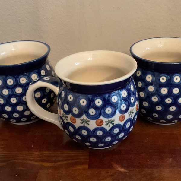 Boleslawiec Polish Pottery Mugs Blue White Design Set of 3 / Three Hand Painted Polish Stoneware Mugs / Blue White Hand Painted Clay Pottery