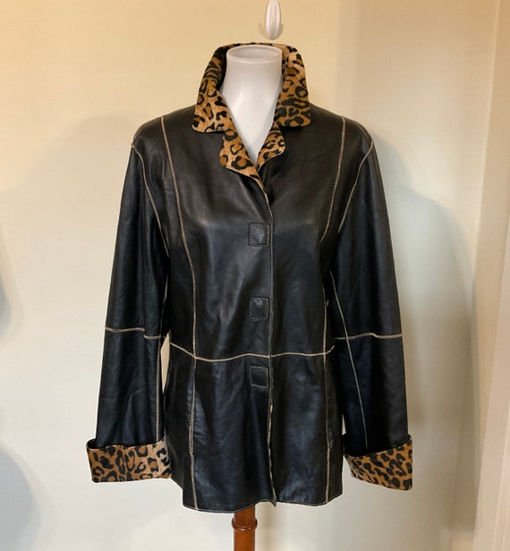 Black Leather Jacket w Leopard Trim Marvin Richard