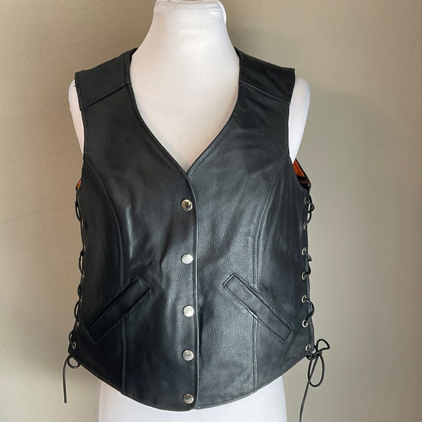Womens Black Leather Laced Vest by Vance Leather Med / Black Pebbled Leather Vest with Side Lacing / Vance Leather Vest / Moto Leather Vest