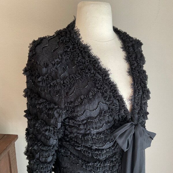 Stylish Black Ruffled Nail Bead Lace Shirt Spring