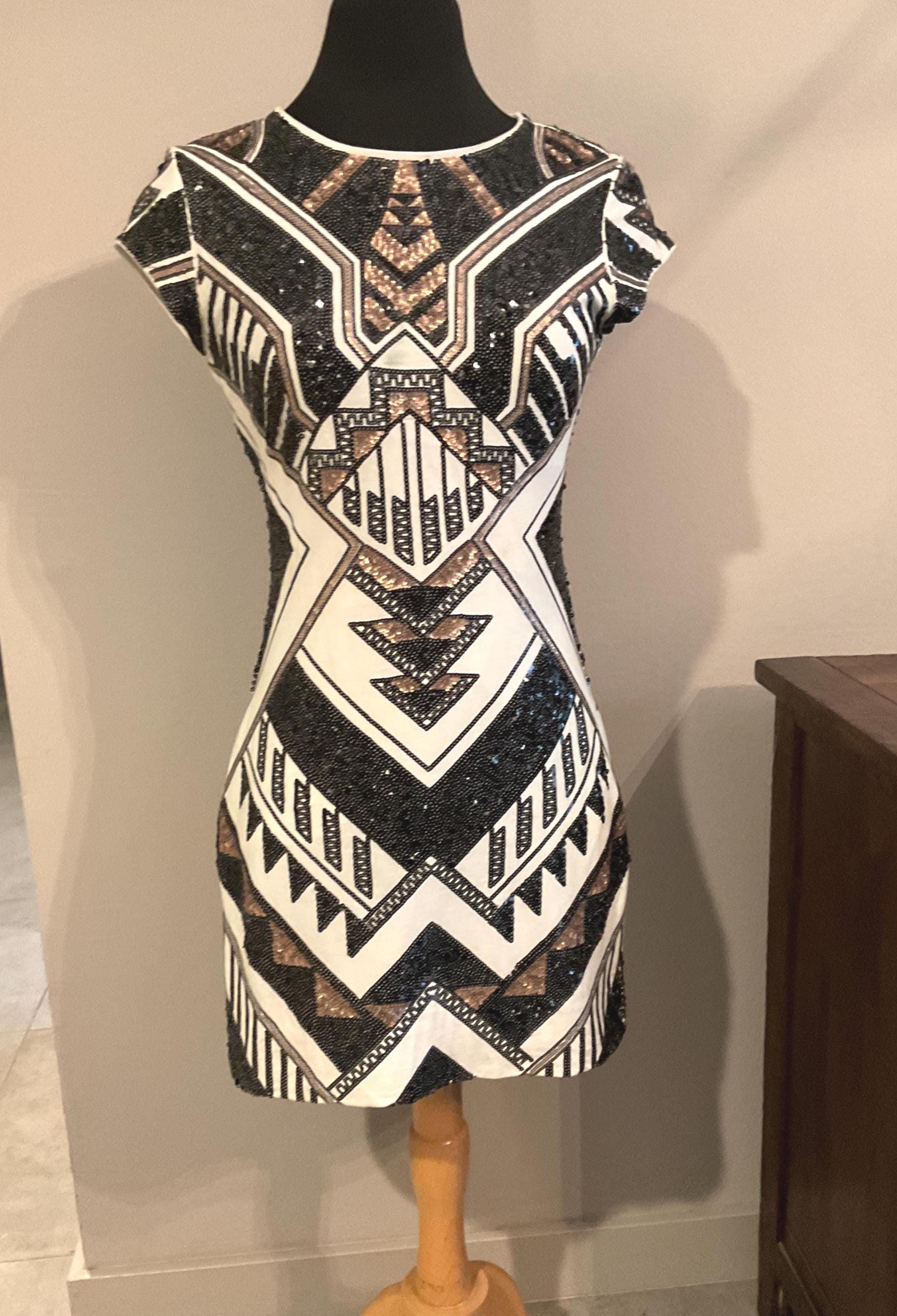 black and gold express dress Sequin Aztec Sheath Small Cap Sleeve Cotton Stretch Fitted Small / Special Event Statement Dress elegant black and gold dress
