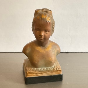 Bronze Plaster Child Bust Inarco Japan / Vintage Bronze Plaster Bust Pedestal Inarco Japan / Child Girl Plaster Bust Classic Shelf Decor
