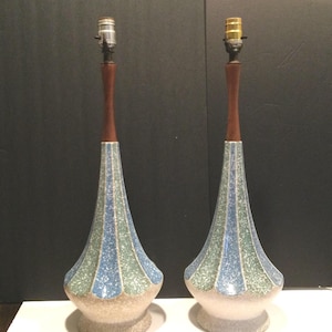 Mid Century Tapered Ceramic Wood Lamps (Pair) / Vintage MCM Lamps / Scandanavian Modern Spatter Drip White Pale Blue Green Wood Neck