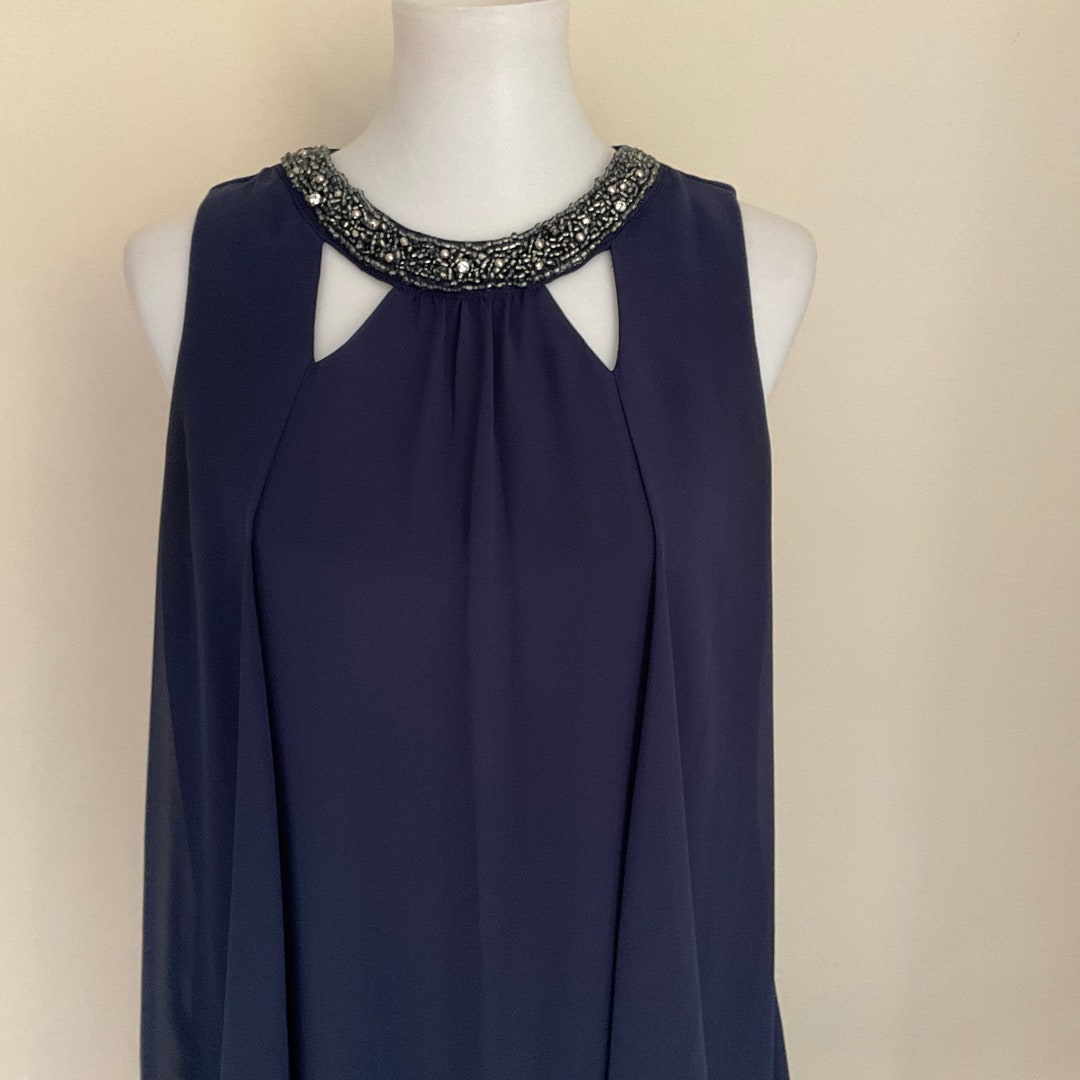 Jeweled Halter Navy Chiffon Drape Dress SLNY / Size 8 / Blue Chiffon