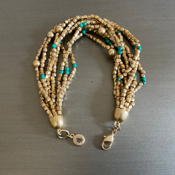 Ralph Lauren 6 Strand Gold Bead Turquoise Bracelet / Ralph Lauren Multi-Strand Gold Turquoise Bracelet / Ralph Lauren Statement Bracelet