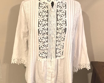 Boho Sweet Mary White Crochet Lace Top Med / breezy spring summer look w distressed pair of skinny pants distressed jeans or shorts.