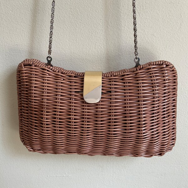 Vintage Wicker Purse Bag w Shoulder Chain Strap / Wicker Hardbody Purse Long Chain Strap / Vintage Wicker Shoulder Bags