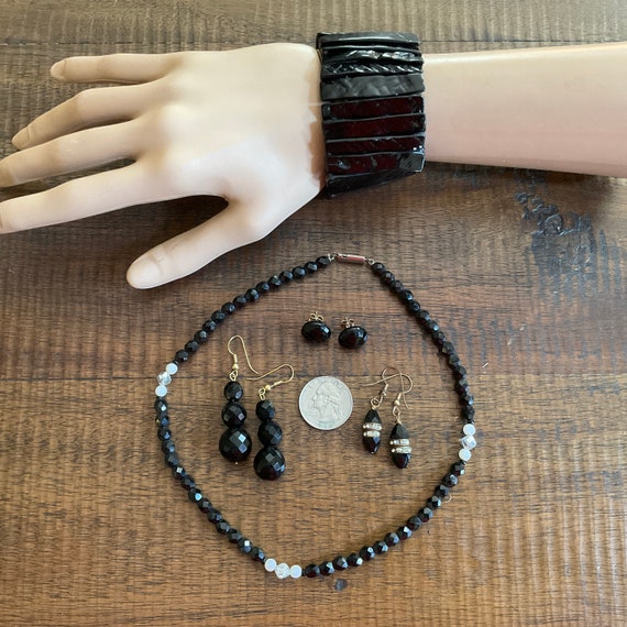 Lot Vintage Black Glass Bead Jewelry / Black Opaq… - image 2