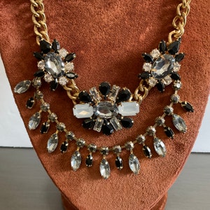 Vintage Jeweled Rhinestone Statement Necklace / 2 Tier Formal Statement Jewel Encrusted Necklace / Runway Heavy Jeweled Mix Stones Necklace