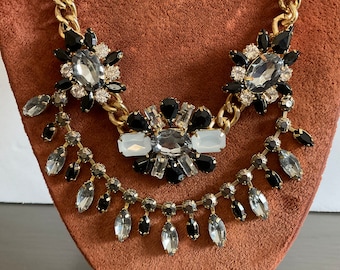 Vintage Jeweled Statement Necklace / Double Tiered Large Gold Link Necklace / Black Clear Smoke Moonstone Navettes Ovals Emerald Cut Stones