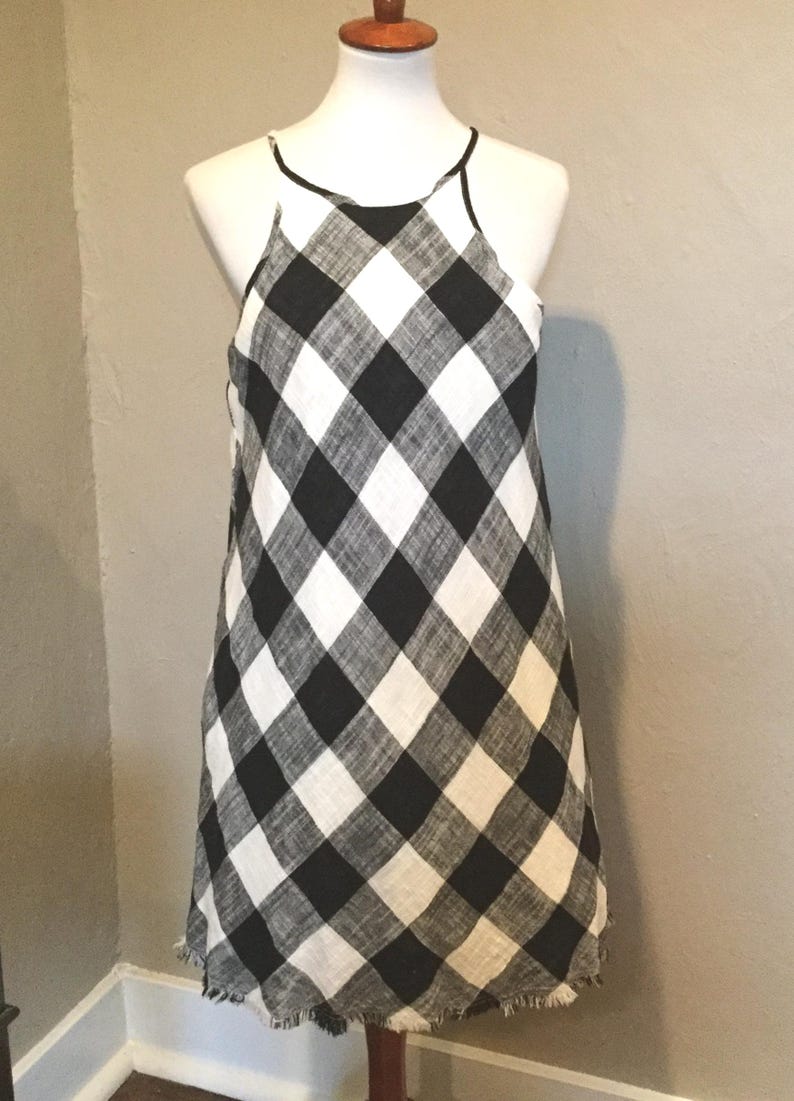 Anthro Halter Check Print Dress Black White M / Black & White Block Check Halter Dress / Anthropologie Linen Mix Halter Dress / Summer Dress image 1