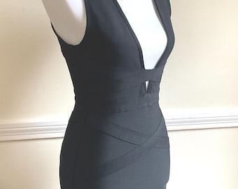 Stella Luce Black Bodycon Dress S / Sexy Statement Black Wiggle Dress Plunge V Neckline to Waist / Banded Accents Bombshell Tight Dress